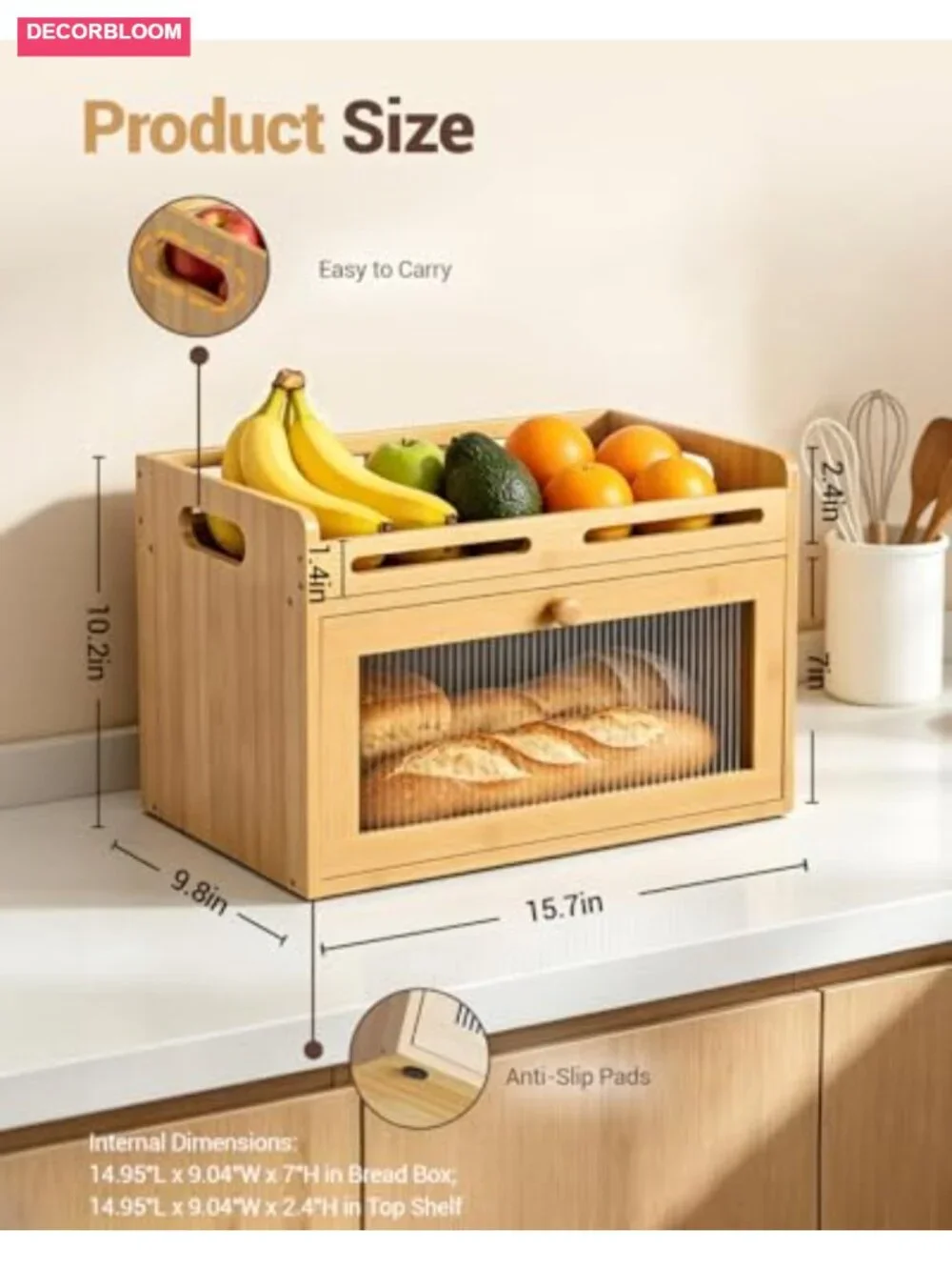 Large Bamboo Bread Box with Acrylic Window & Raised Top Shelf